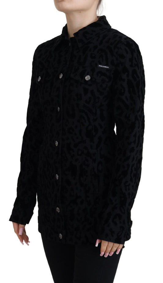 Dolce & Gabbana Black Leopard Fitted Long Denim Jacket