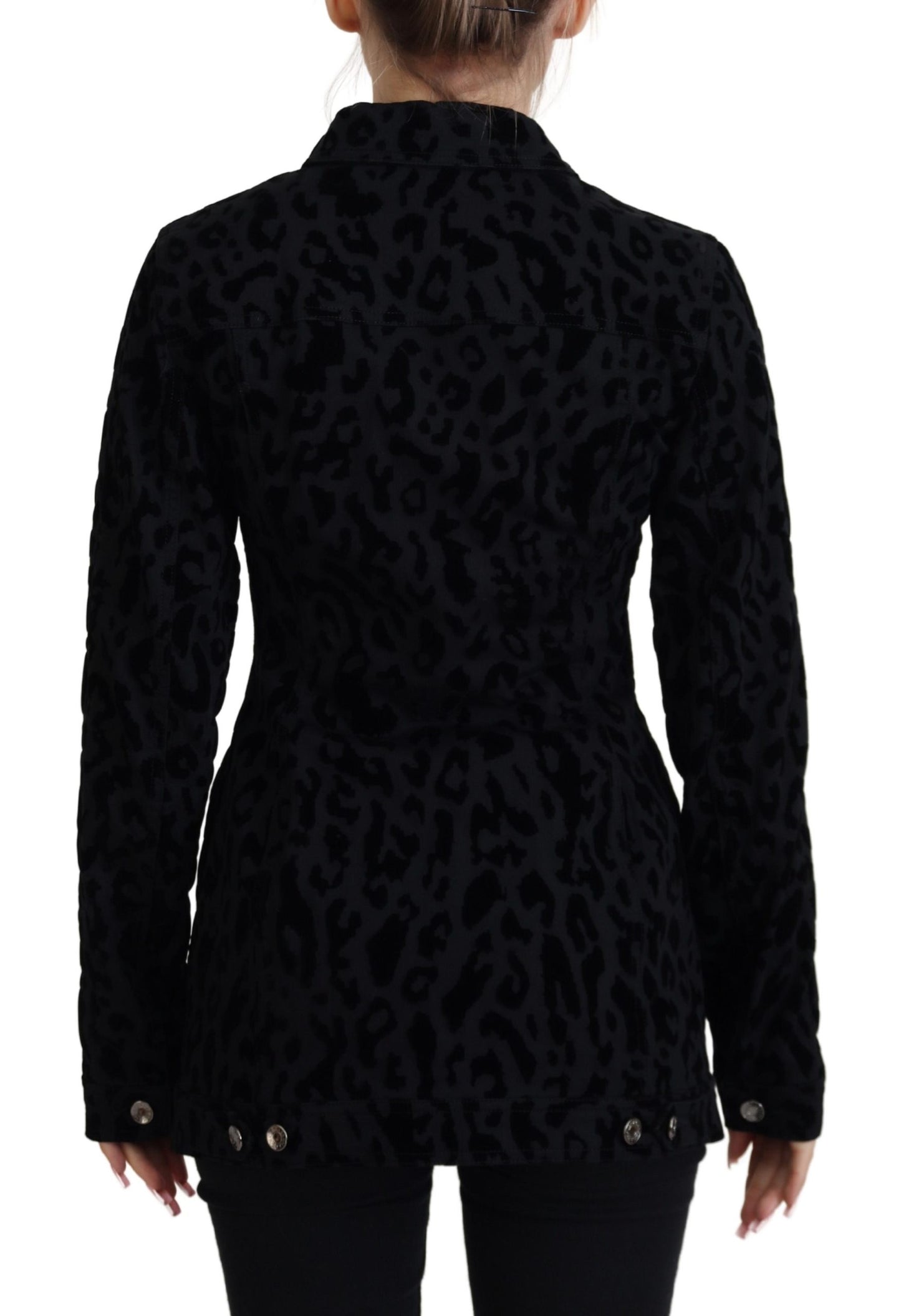 Dolce & Gabbana Black Leopard Fitted Long Denim Jacket