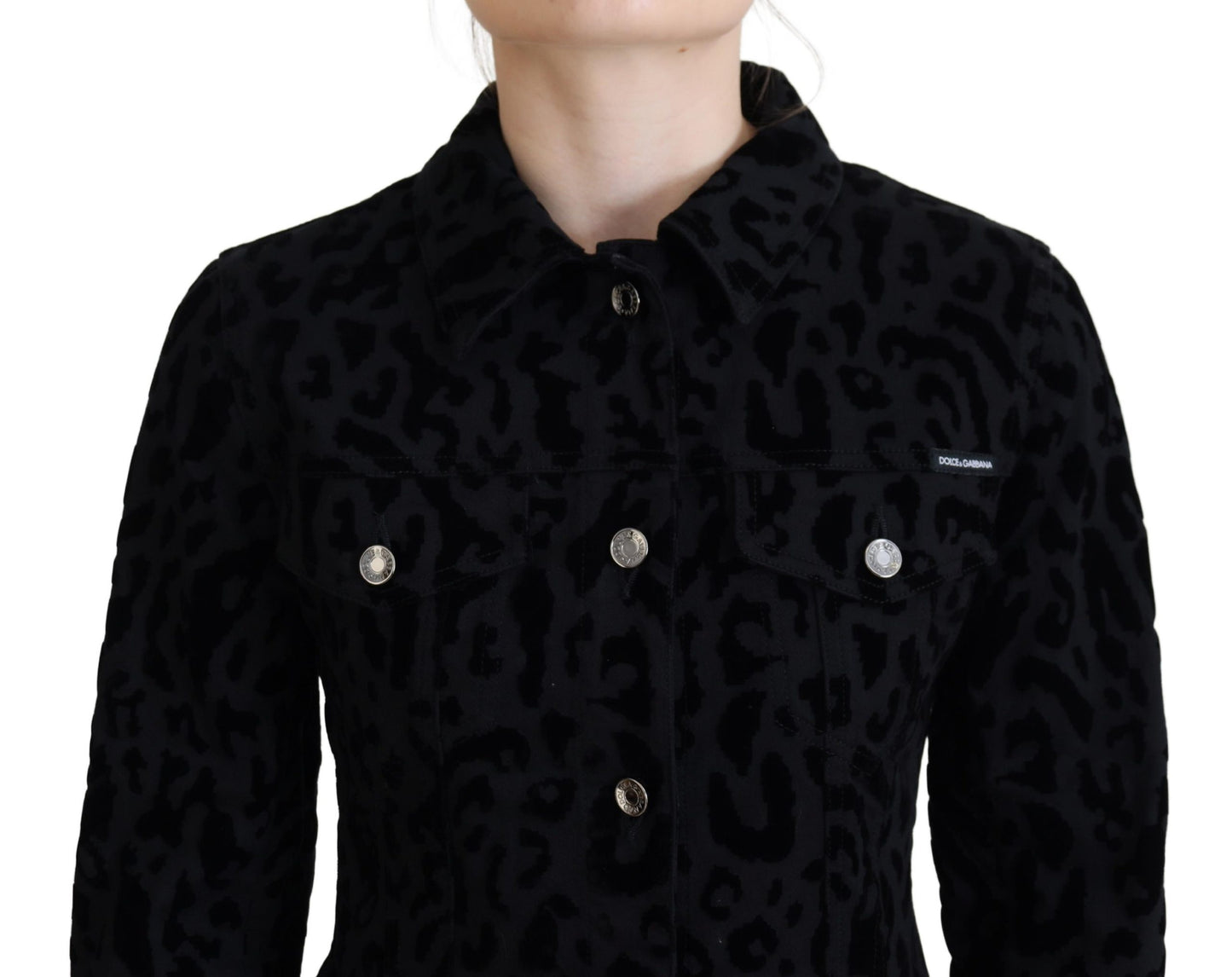 Dolce & Gabbana Black Leopard Fitted Long Denim Jacket