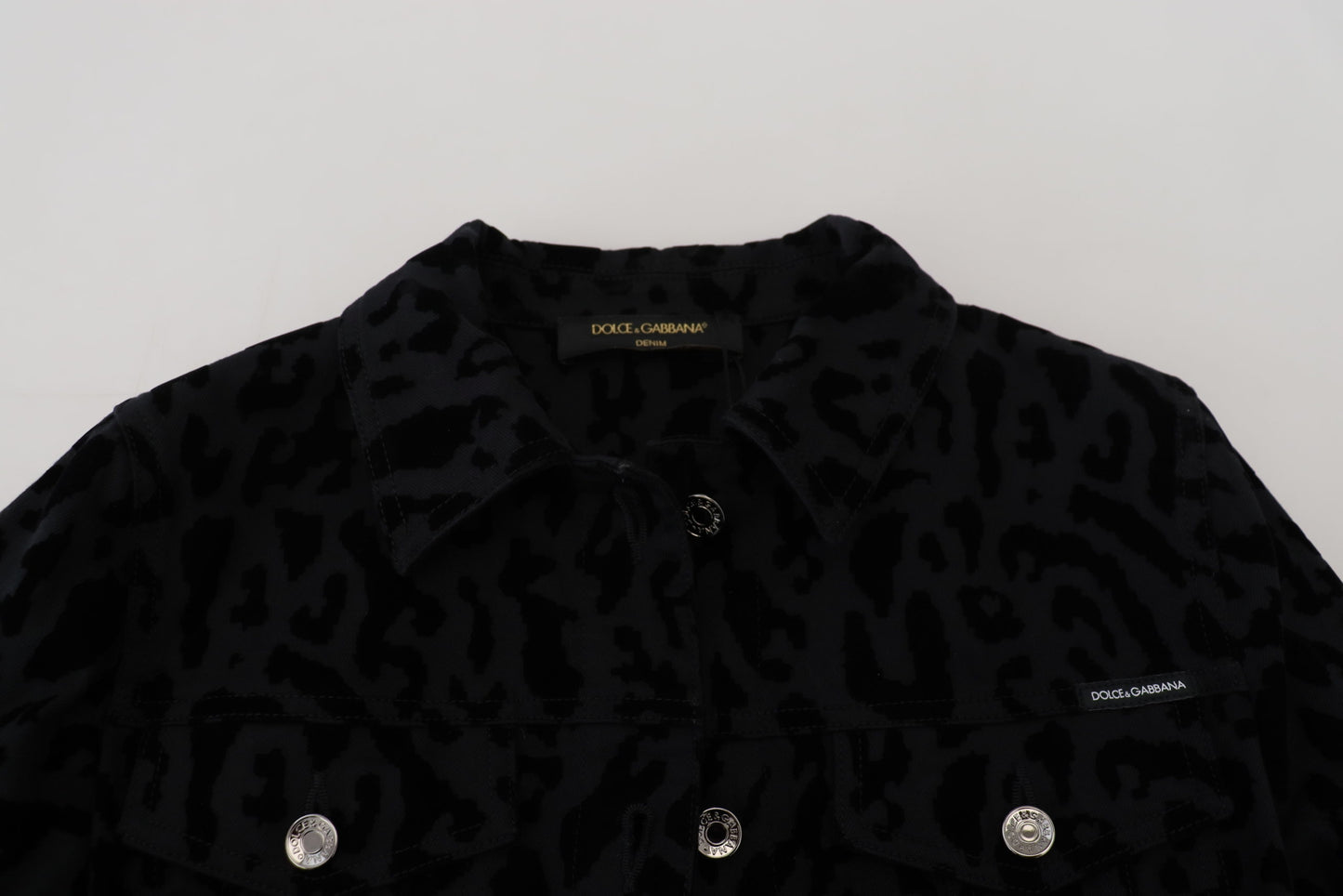 Dolce & Gabbana Black Leopard Fitted Long Denim Jacket