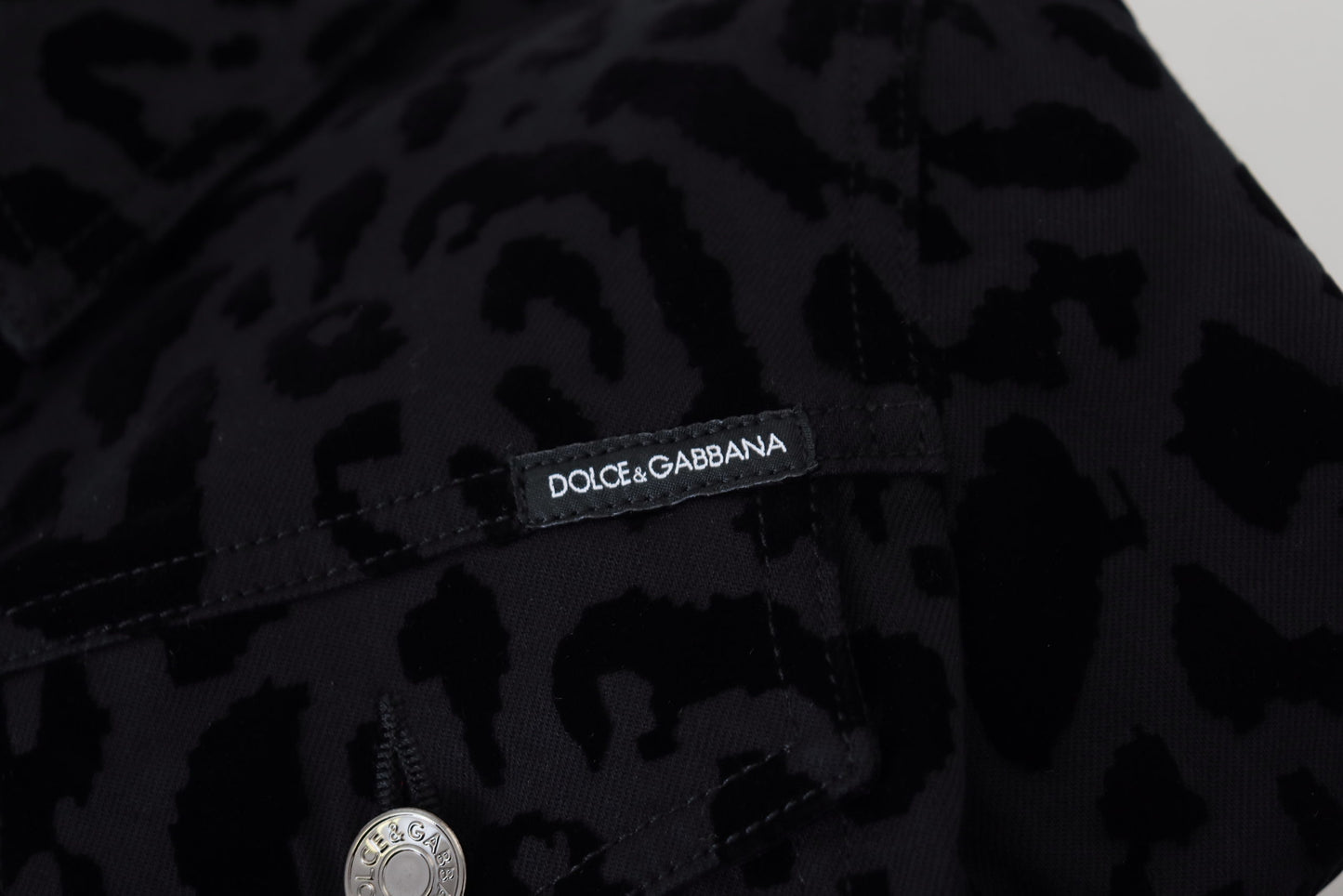 Dolce & Gabbana Black Leopard Fitted Long Denim Jacket