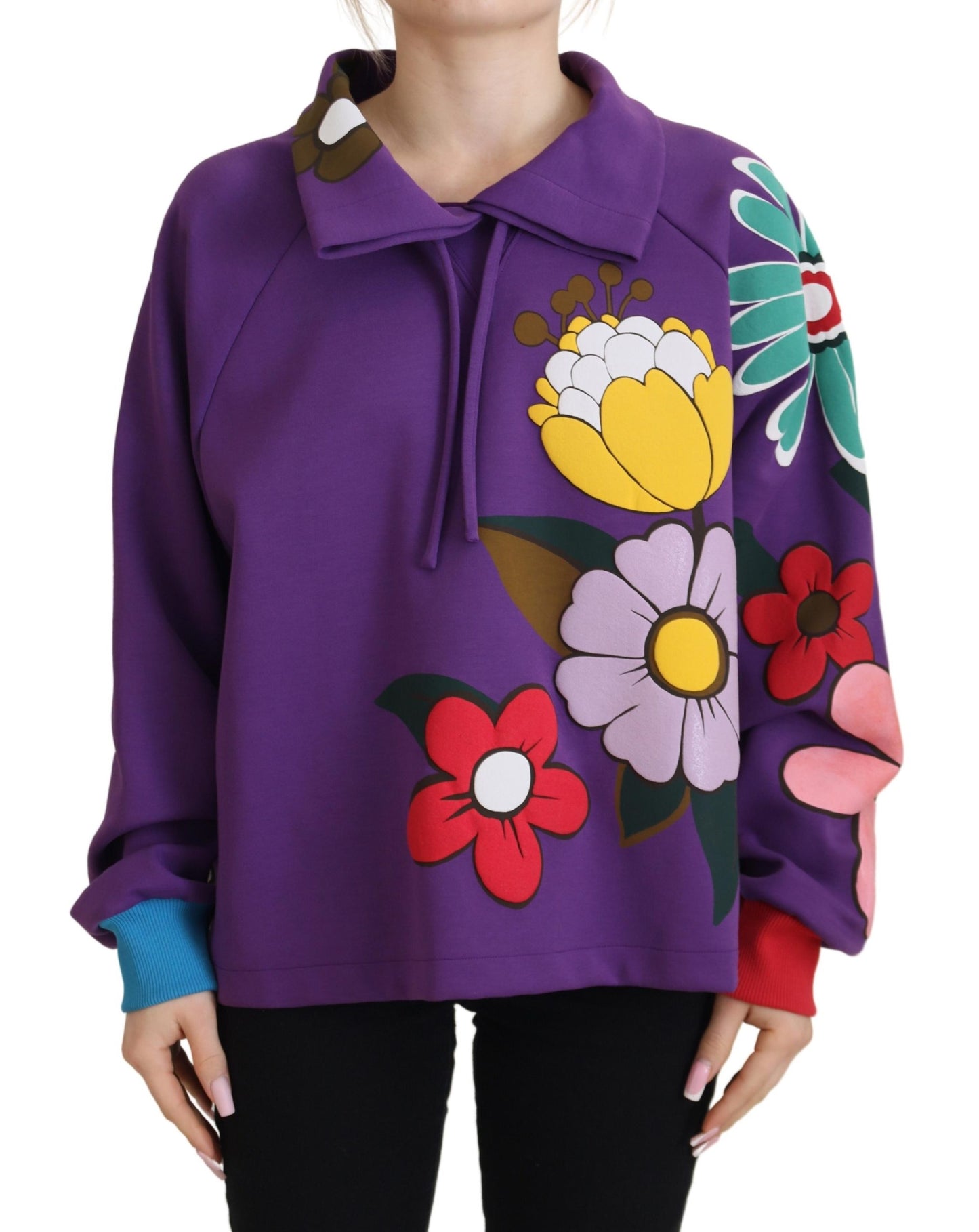 Dolce & Gabbana Purple Floral Print Pullover  Cotton Sweater