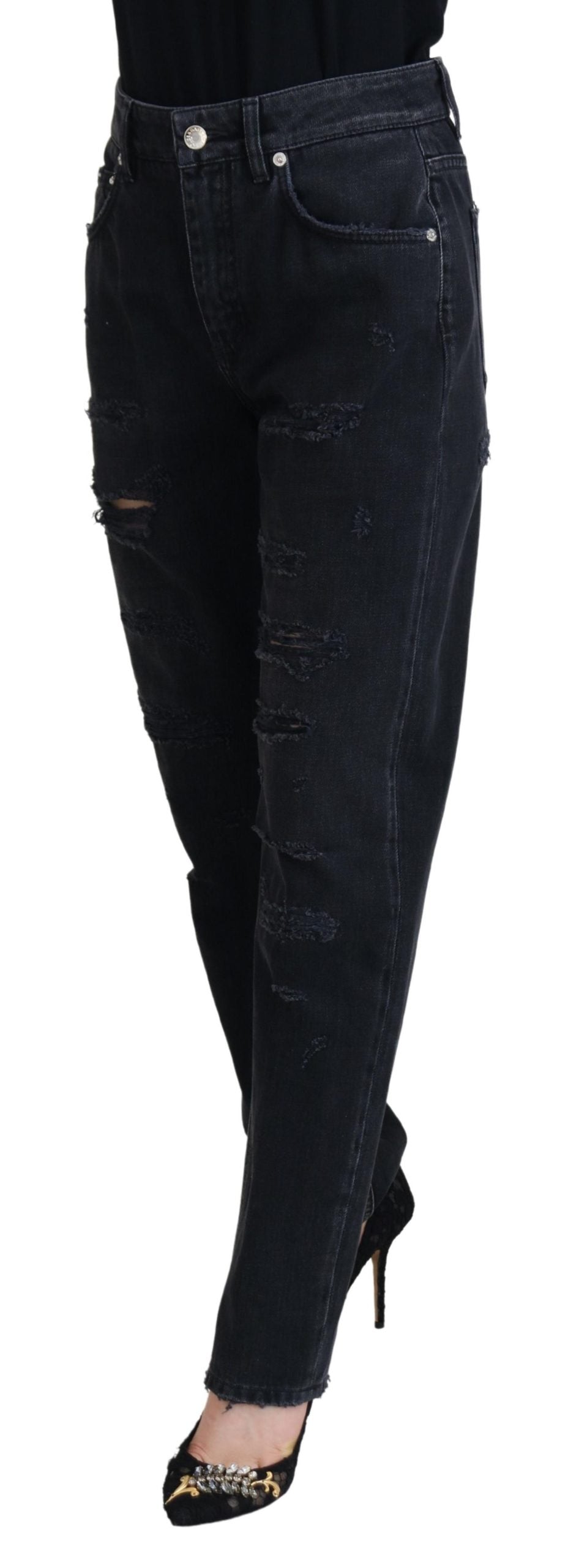 Dolce & Gabbana Black Cotton Tattered High Waist Denim Jeans