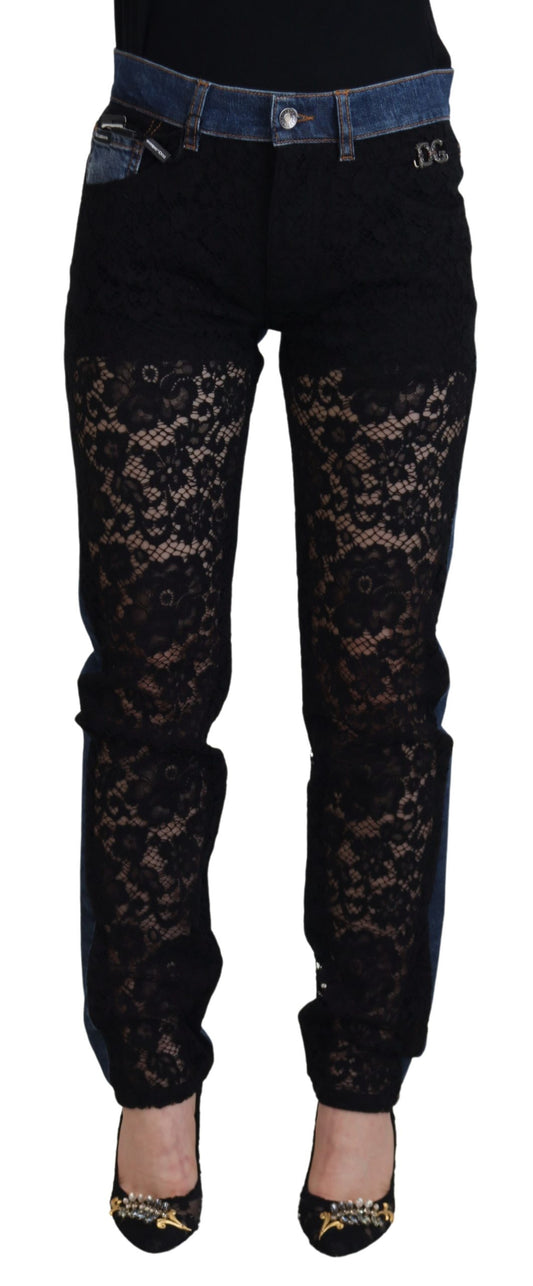 Dolce & Gabbana Black Floral Lace Front Skinny Denim Jeans