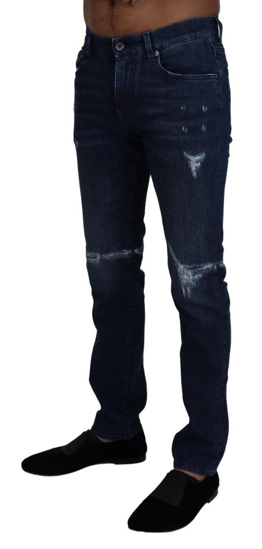 Dolce & Gabbana Blue Cotton Skinny Tattered Denim Jeans