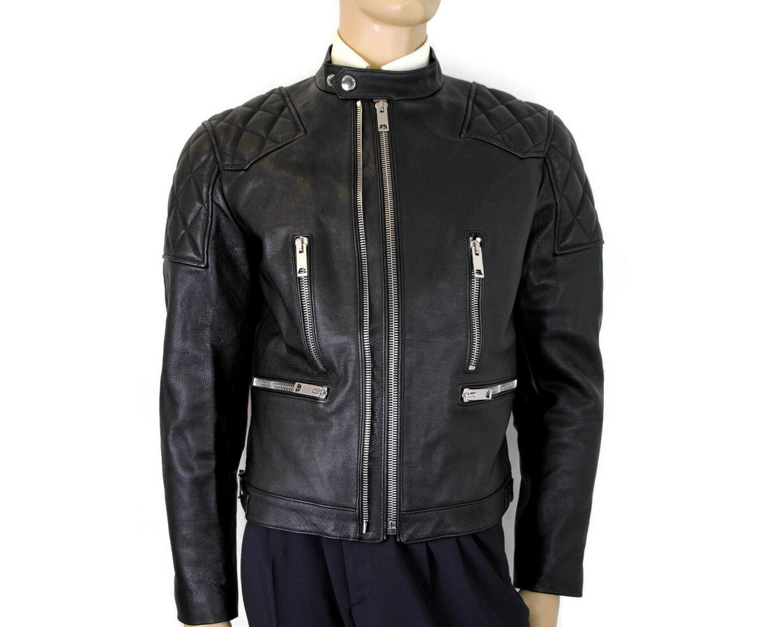 Burberry Black Leather Diamond Quilted Biker Jacket