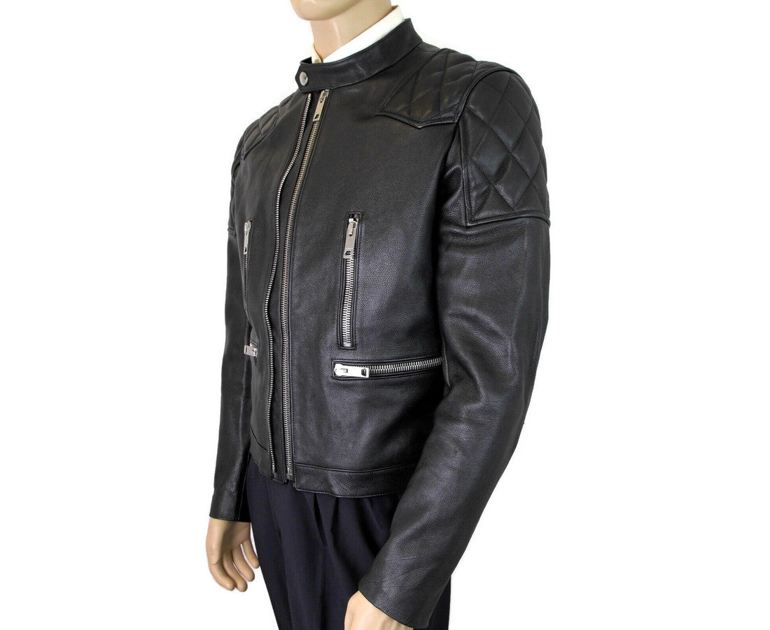 Burberry Black Leather Diamond Quilted Biker Jacket