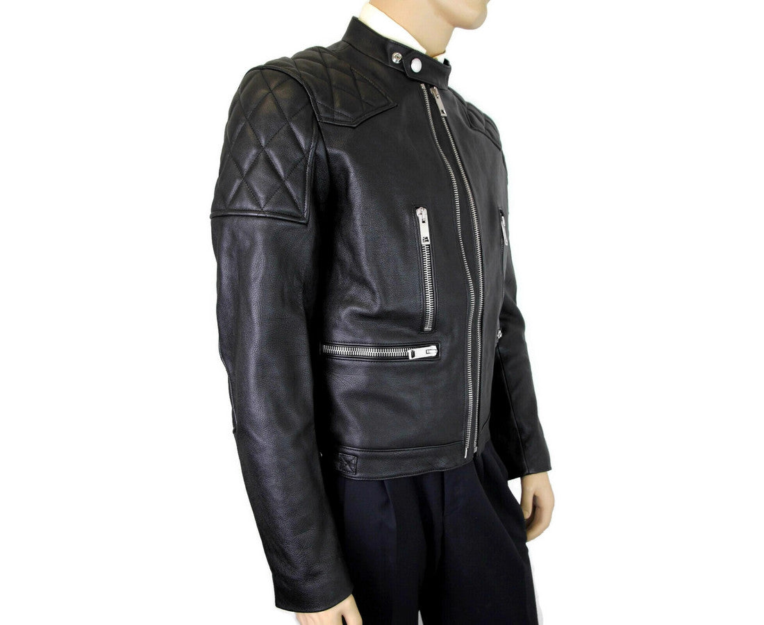 Burberry Black Leather Diamond Quilted Biker Jacket