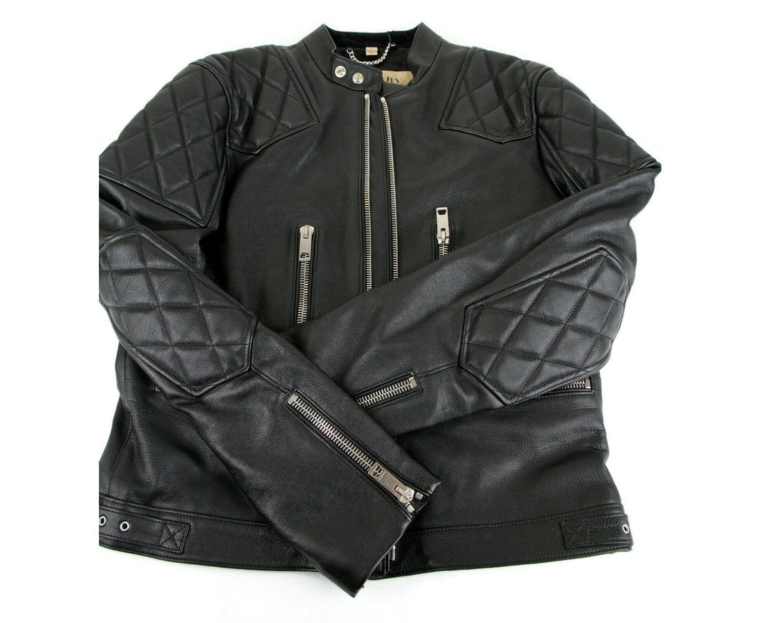 Burberry Black Leather Diamond Quilted Biker Jacket