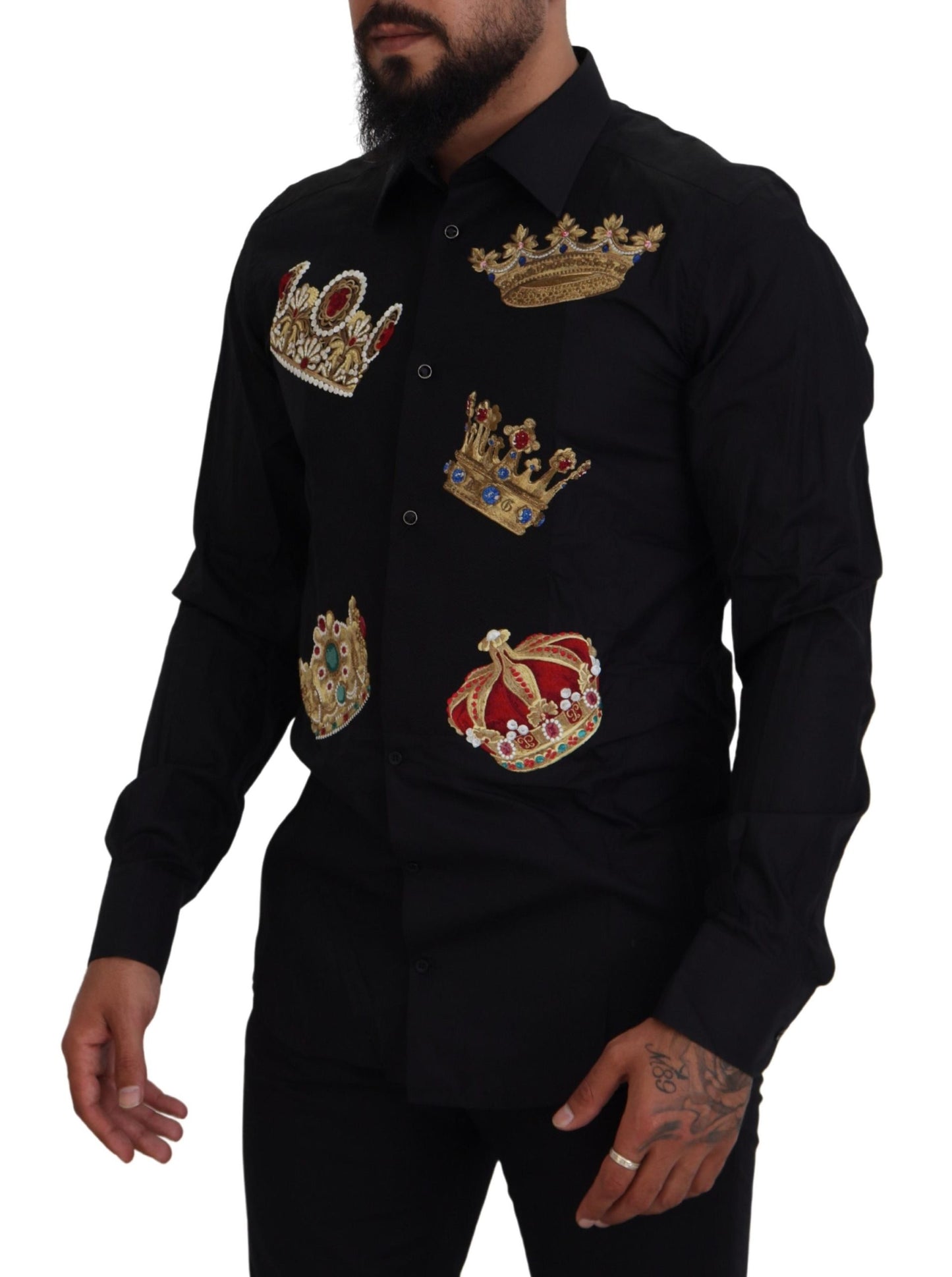 Dolce & Gabbana Black Gold Crown Slim Fit Dress Formal Shirt