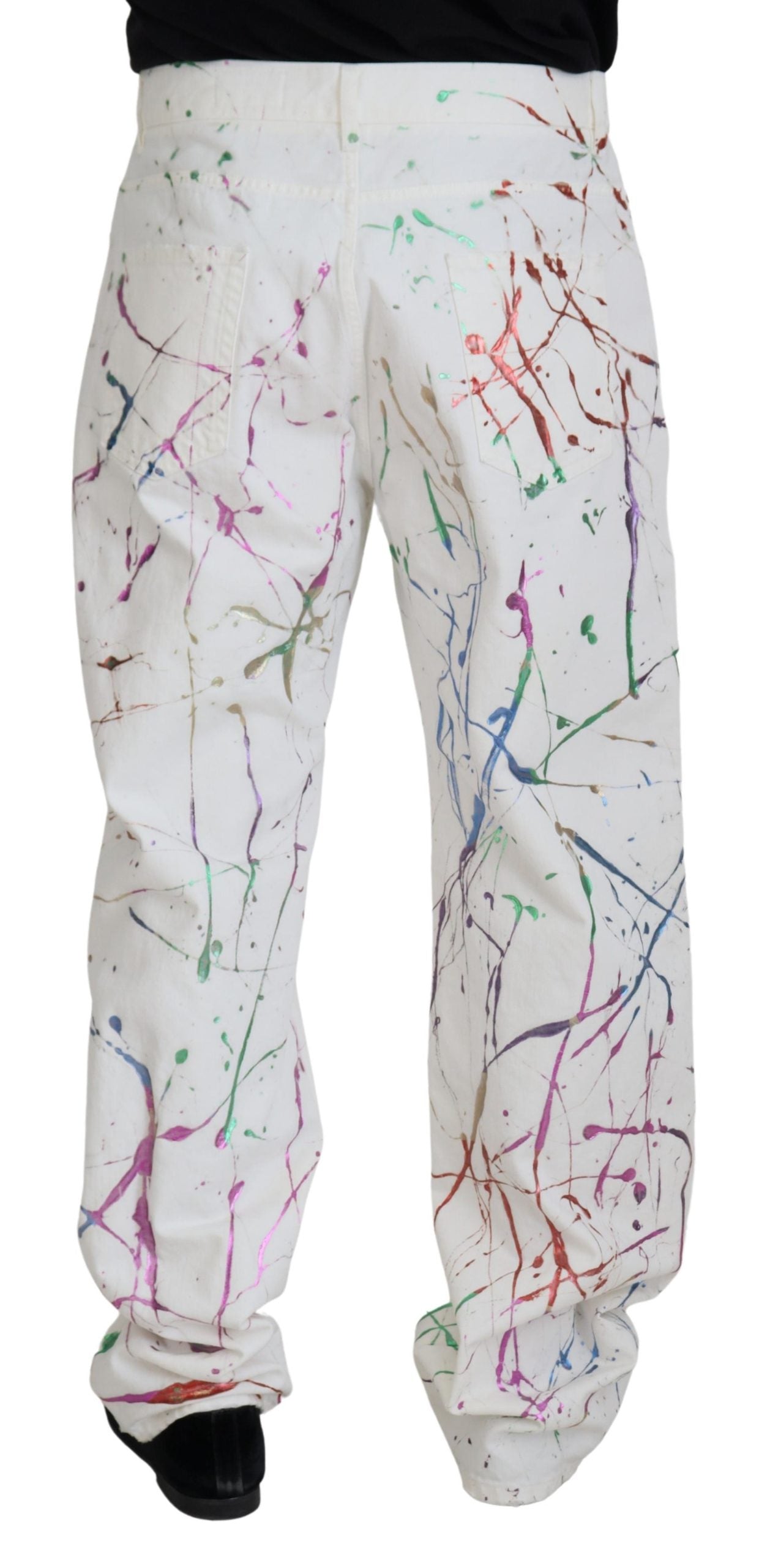 Dolce & Gabbana White Cotton Color Splash Print Denim Pants