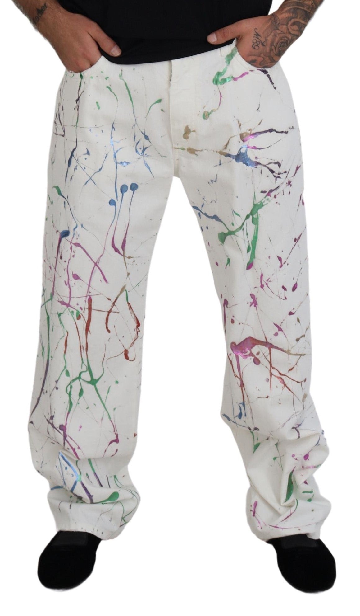 Dolce & Gabbana White Cotton Color Splash Print Denim Pants