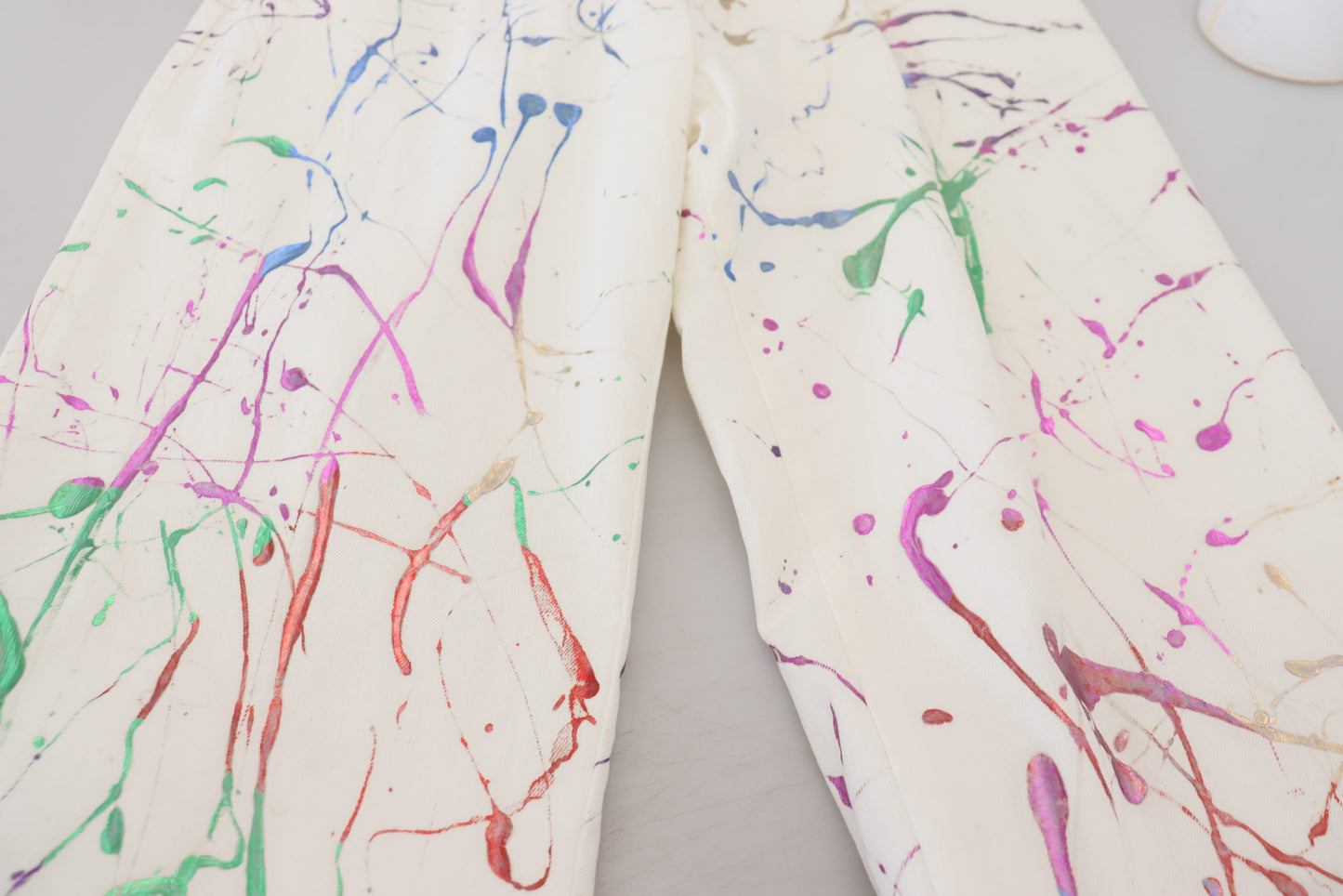 Dolce & Gabbana White Cotton Color Splash Print Denim Pants