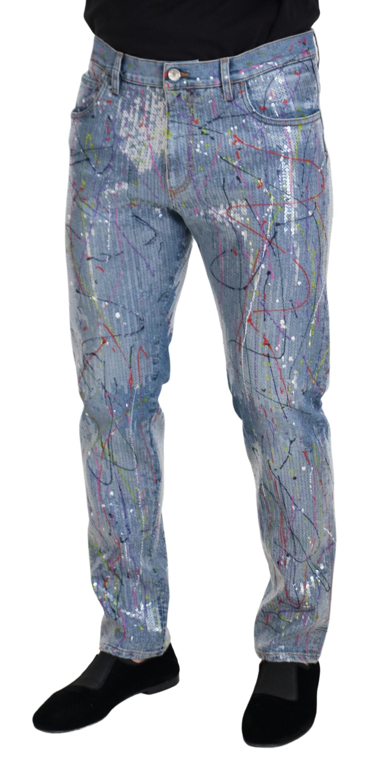 Dolce & Gabbana Blue Cotton Color Splash Print Denim Jeans