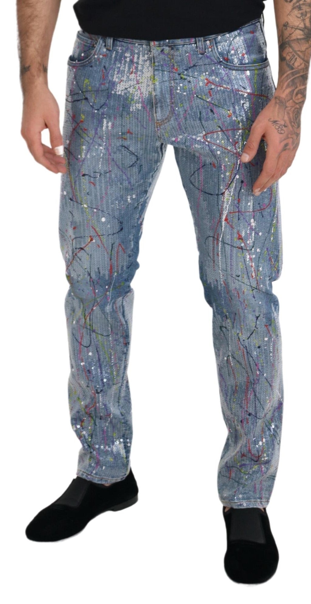 Dolce & Gabbana Blue Cotton Color Splash Print Denim Jeans