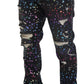 Dolce & Gabbana Black Multicolor Print Tattered Denim Jeans