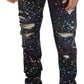 Dolce & Gabbana Black Multicolor Print Tattered Denim Jeans