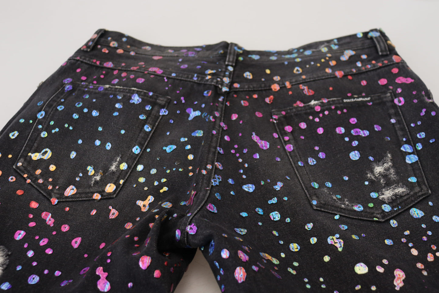 Dolce & Gabbana Black Multicolor Print Tattered Denim Jeans