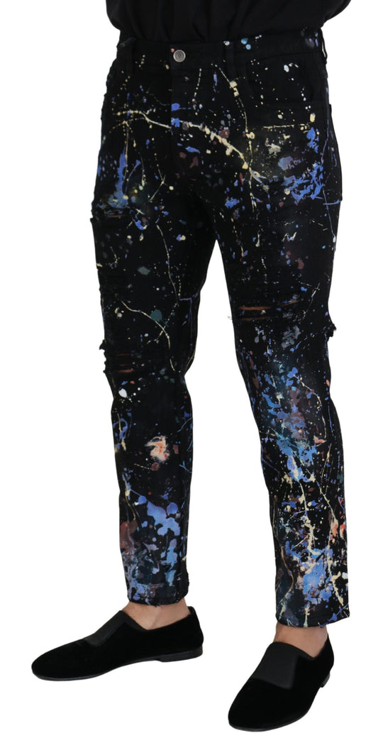 Dolce & Gabbana Black Cotton Color Splash Print Denim Jeans