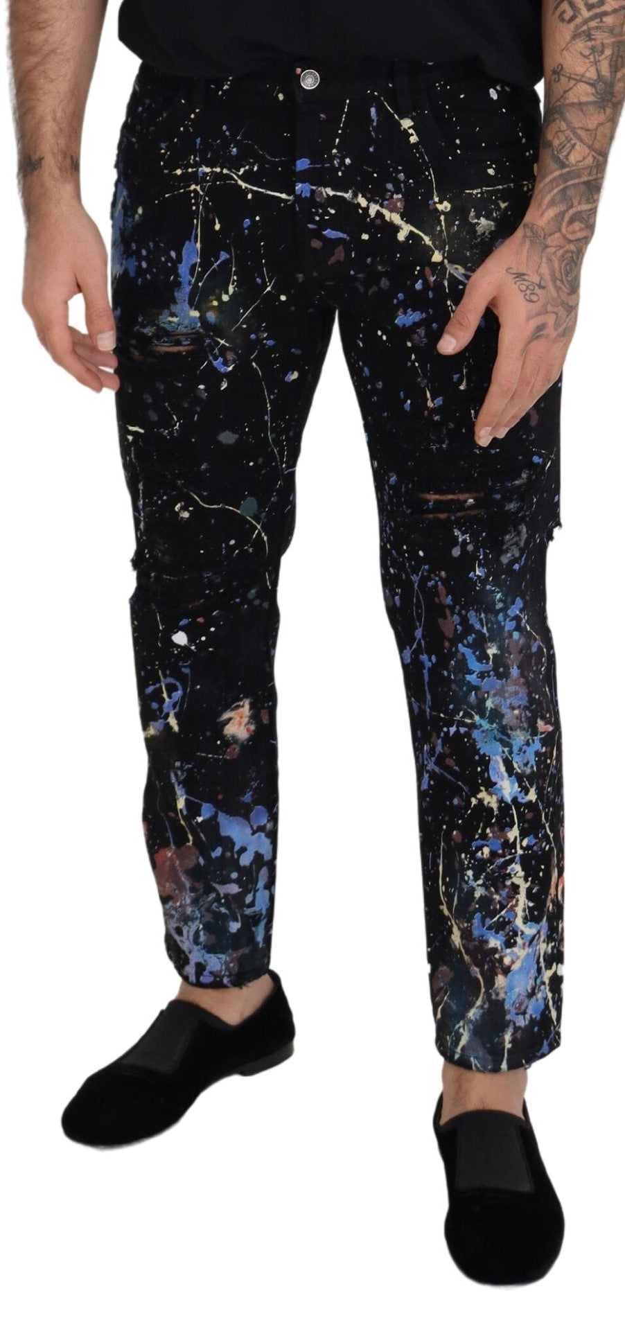 Dolce & Gabbana Black Cotton Color Splash Print Denim Jeans