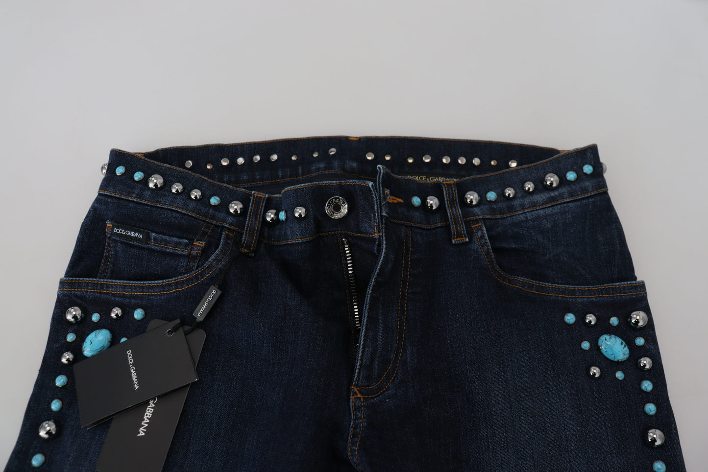 Dolce & Gabbana Blue Cotton Studded Low Waist Denim Jeans