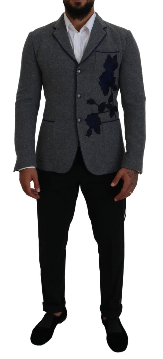 Dolce & Gabbana Gray Wool Roses Slim Fit Jacket Blazer