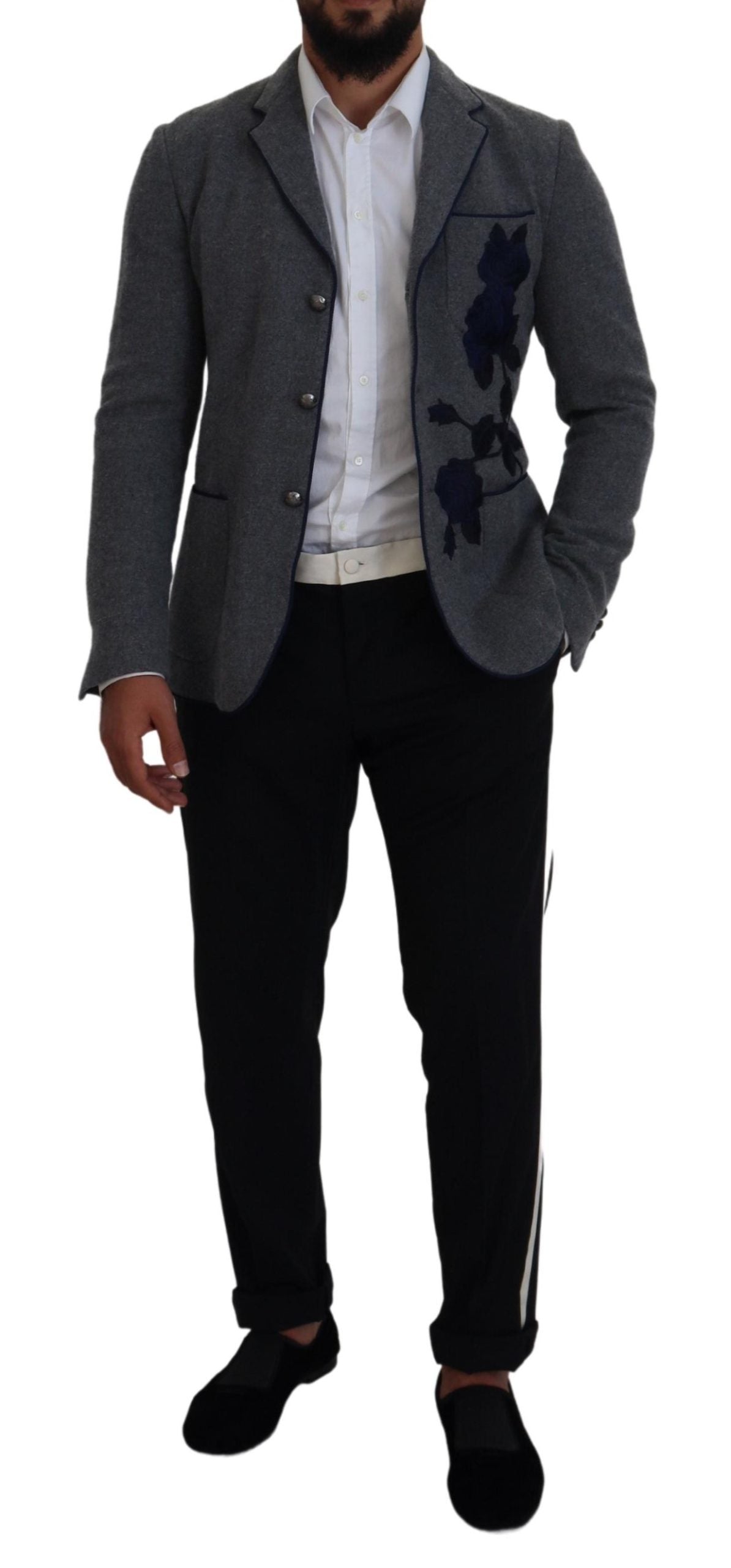 Dolce & Gabbana Gray Wool Roses Slim Fit Jacket Blazer