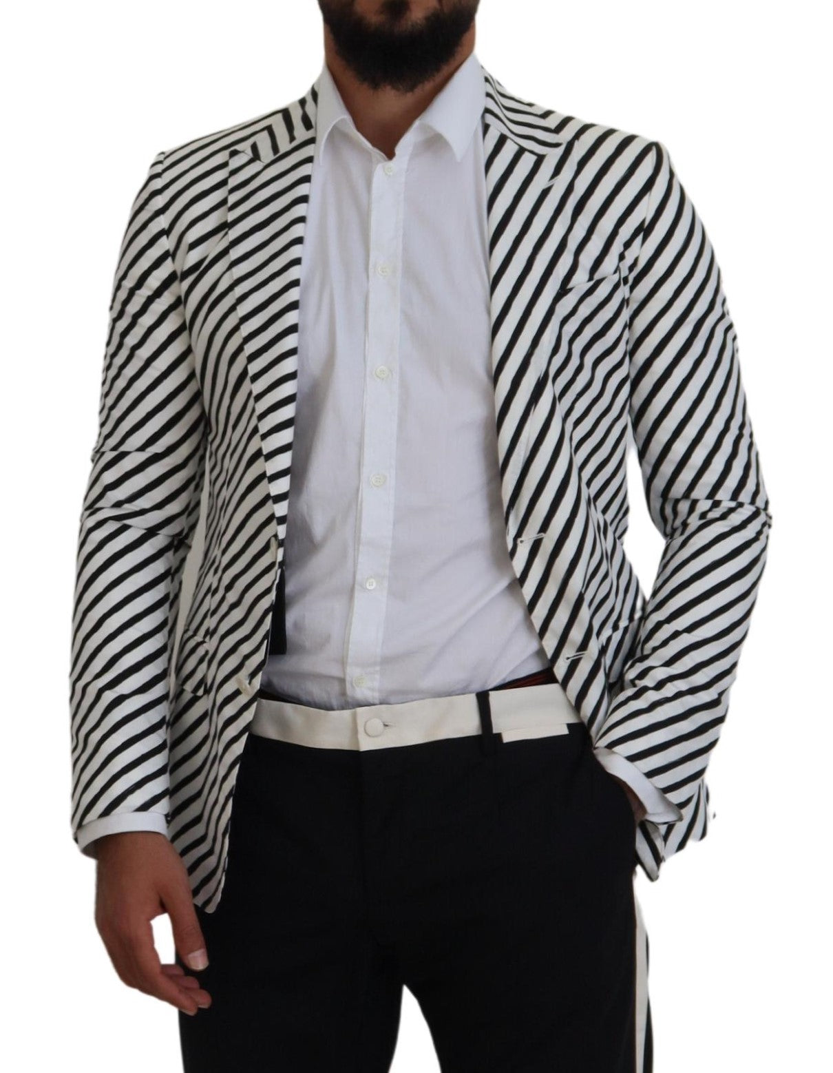 Dolce & Gabbana White Black Striped Slim Fit Jacket Blazer