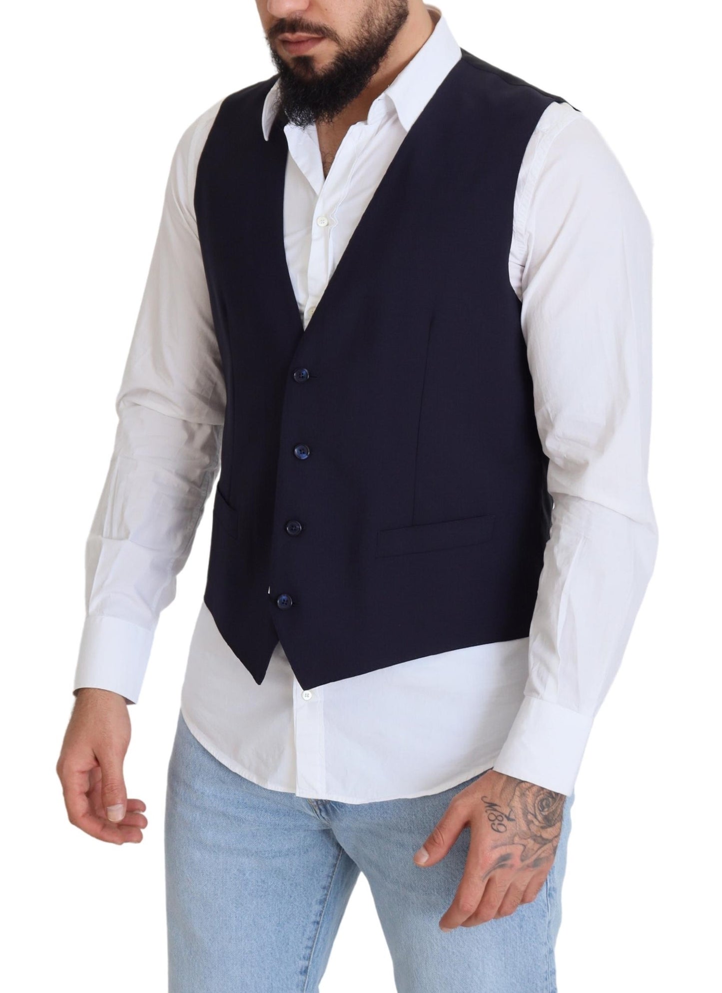 Dolce & Gabbana Dark Blue Wool Stretch Waistcoat Formal Vest