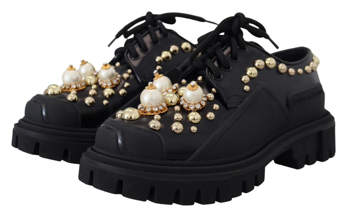 Dolce & Gabbana Black Leather Trekking Derby Embellished Shoes