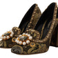 Dolce & Gabbana Gold Crystal Square Toe Brocade Pumps Shoes