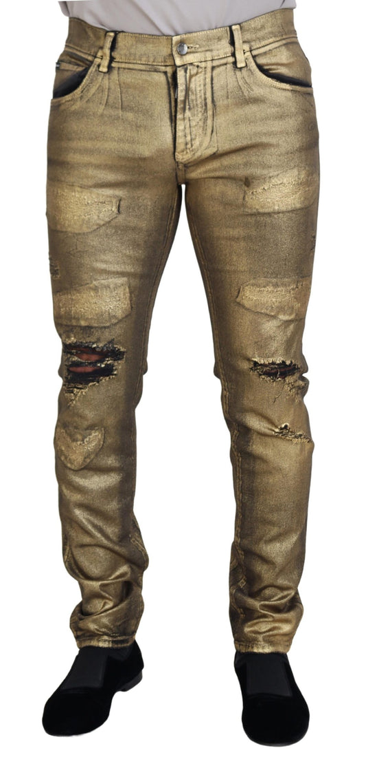 Dolce & Gabbana Gold Cotton Tattered Skinny Men Denim Jeans