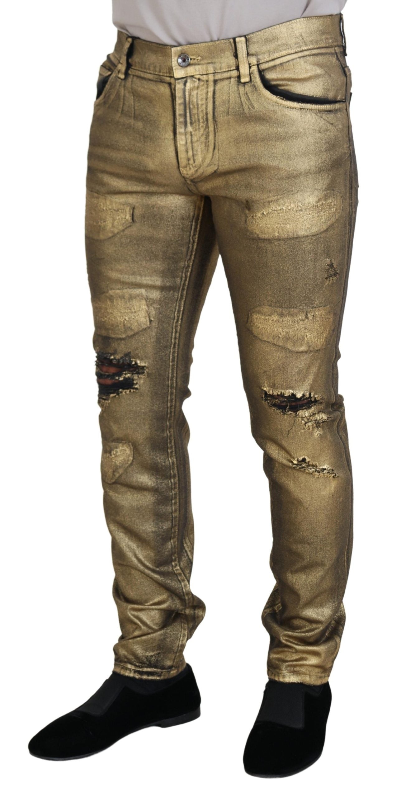 Dolce & Gabbana Gold Cotton Tattered Skinny Men Denim Jeans