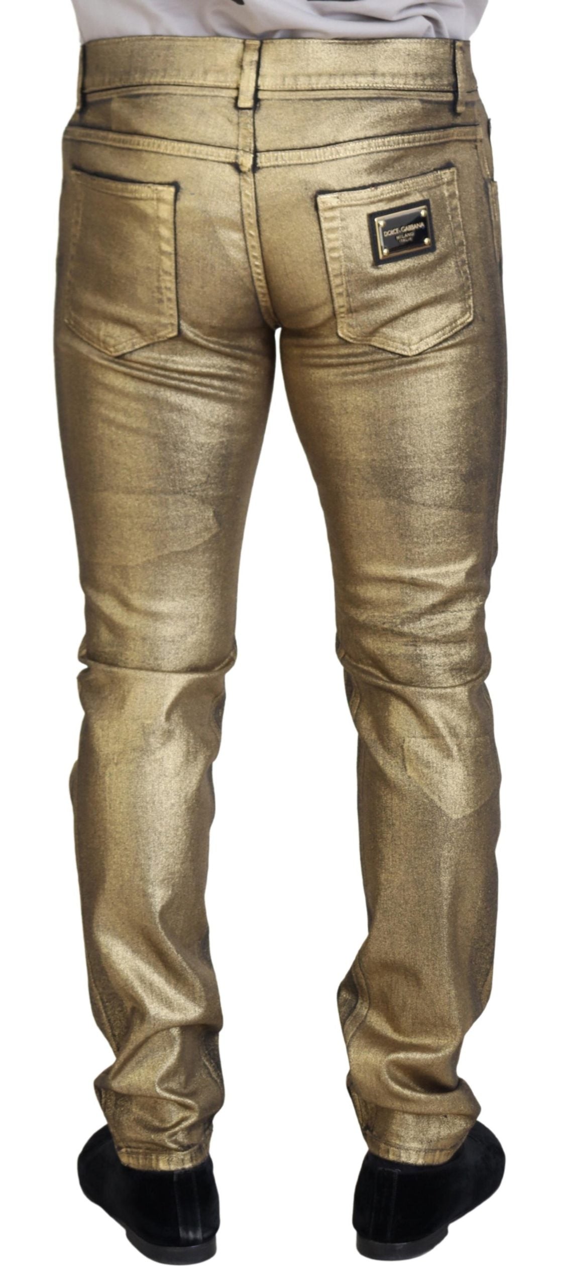 Dolce & Gabbana Gold Cotton Tattered Skinny Men Denim Jeans