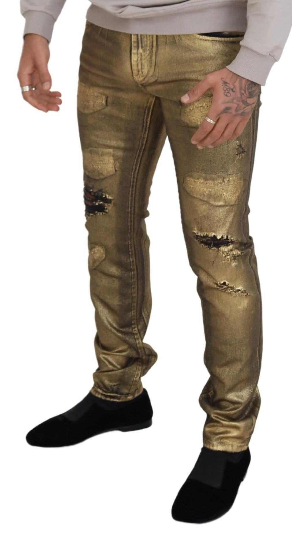 Dolce & Gabbana Gold Cotton Tattered Skinny Men Denim Jeans