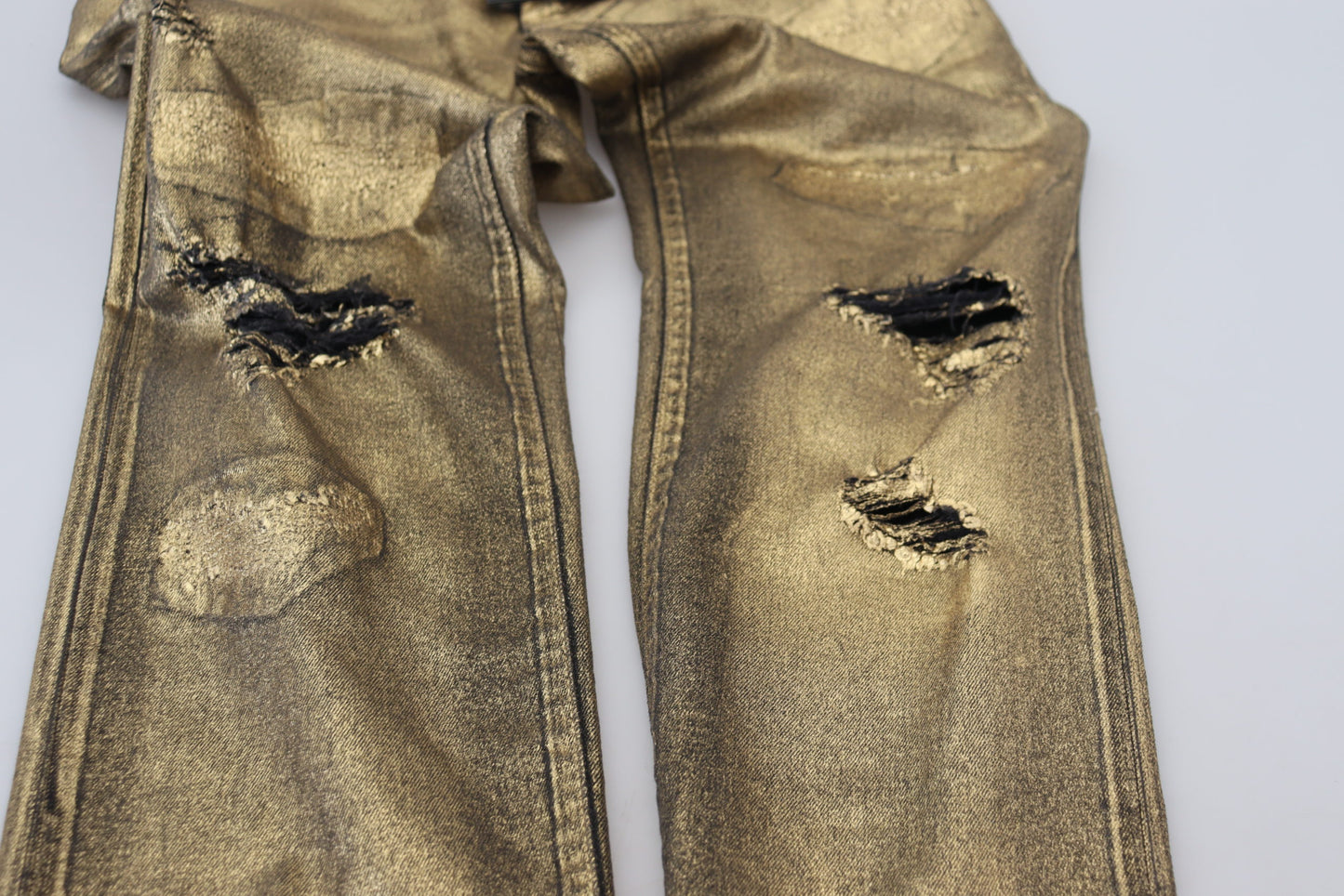 Dolce & Gabbana Gold Cotton Tattered Skinny Men Denim Jeans