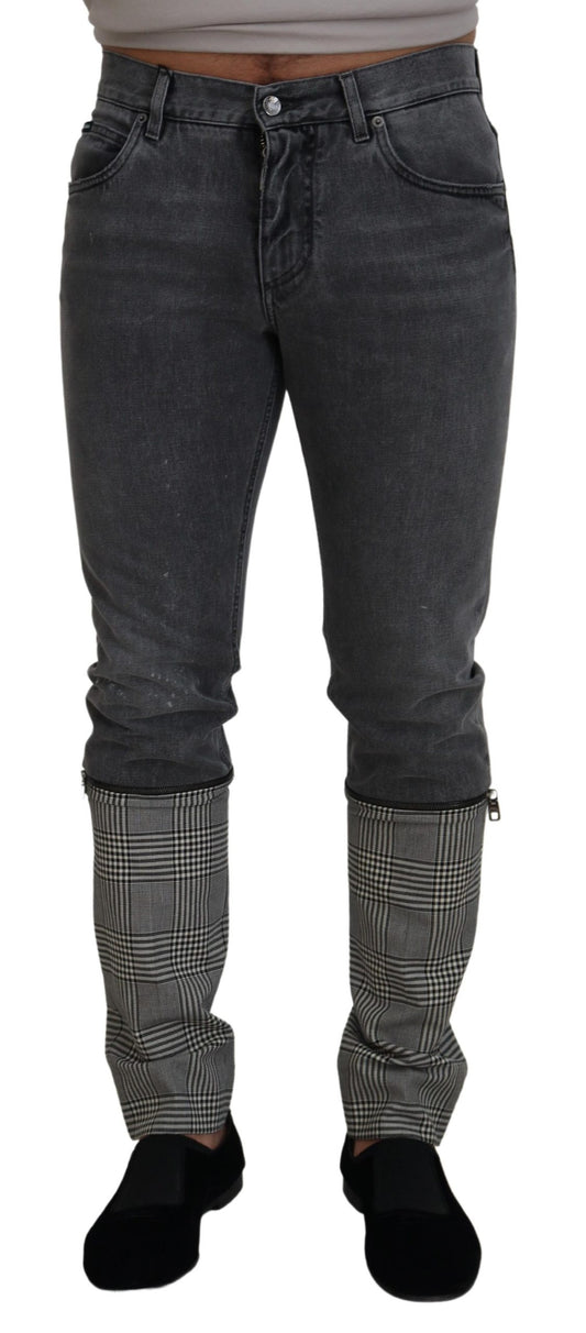 Dolce & Gabbana Gray Cotton Checkered Leg Men Denim Jeans