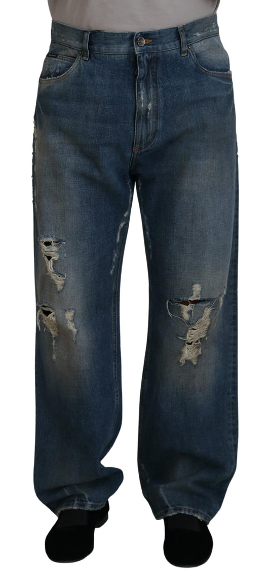 Dolce & Gabbana Blue Cotton Tattered Straight Fit Denim Jeans