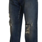 Dolce & Gabbana Blue Cotton Tattered Straight Fit Denim Jeans