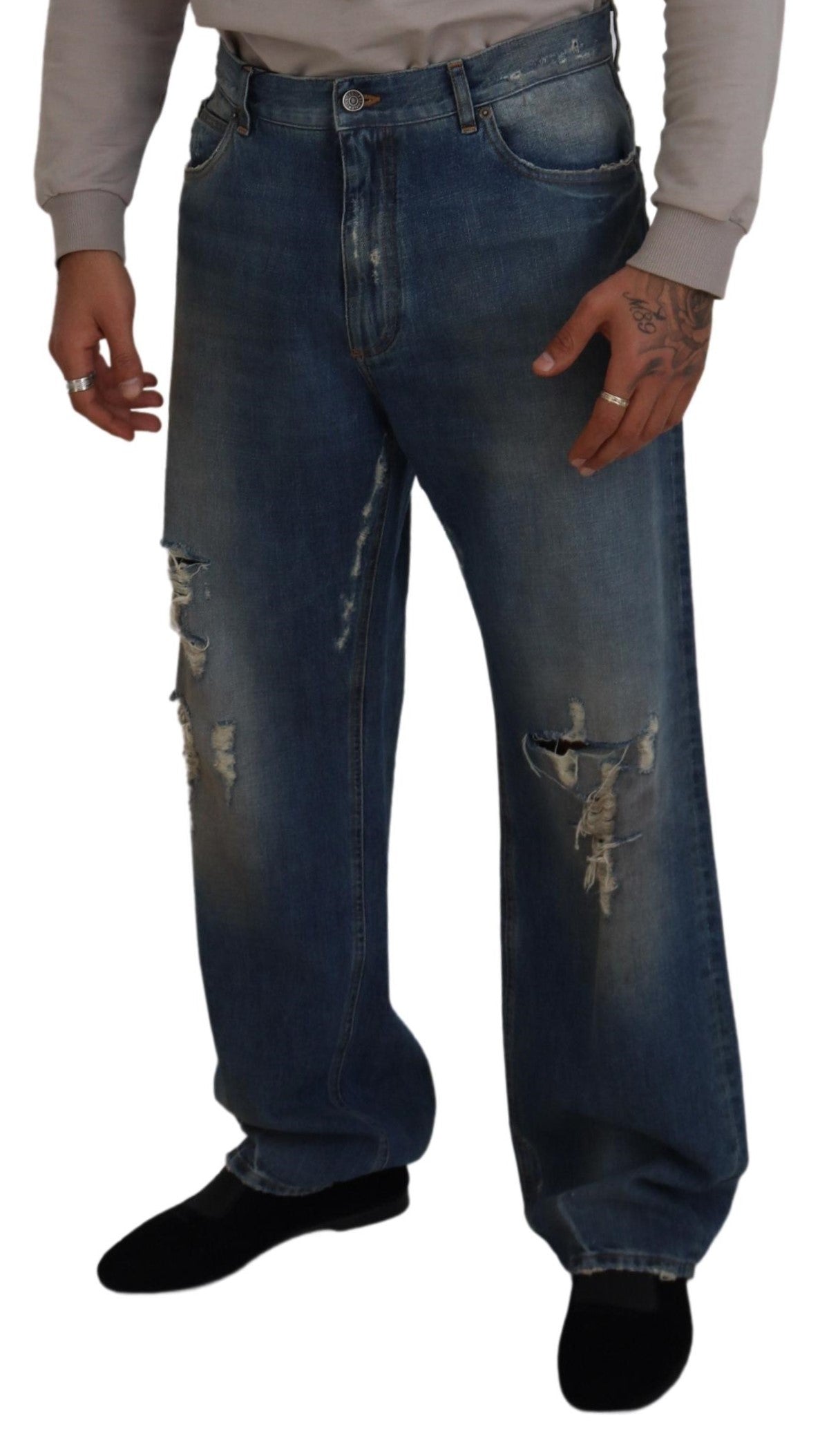 Dolce & Gabbana Blue Cotton Tattered Straight Fit Denim Jeans