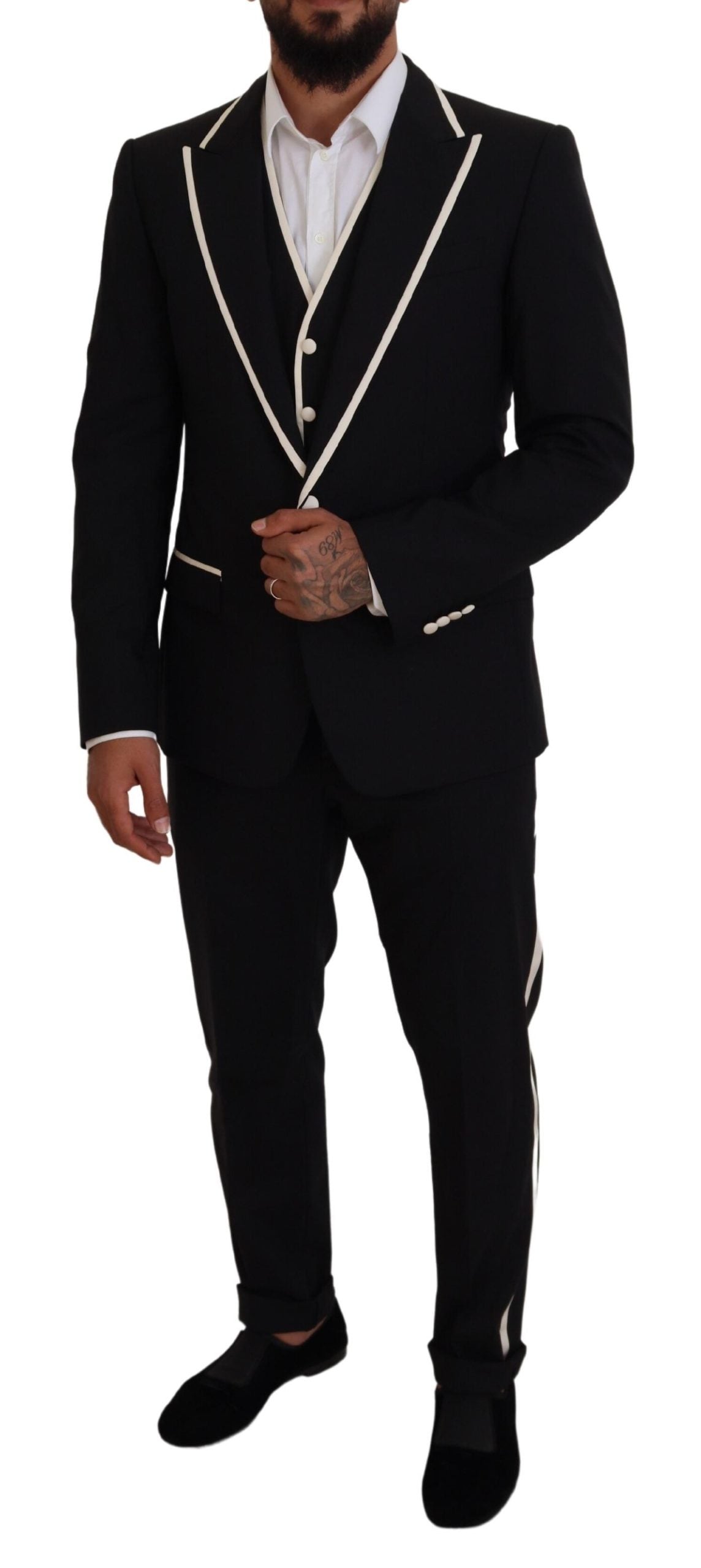 Dolce & Gabbana Black Wool White Silk Slim Fit Suit