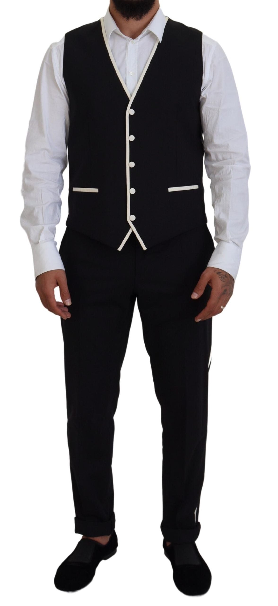 Dolce & Gabbana Black Wool White Silk Slim Fit Suit