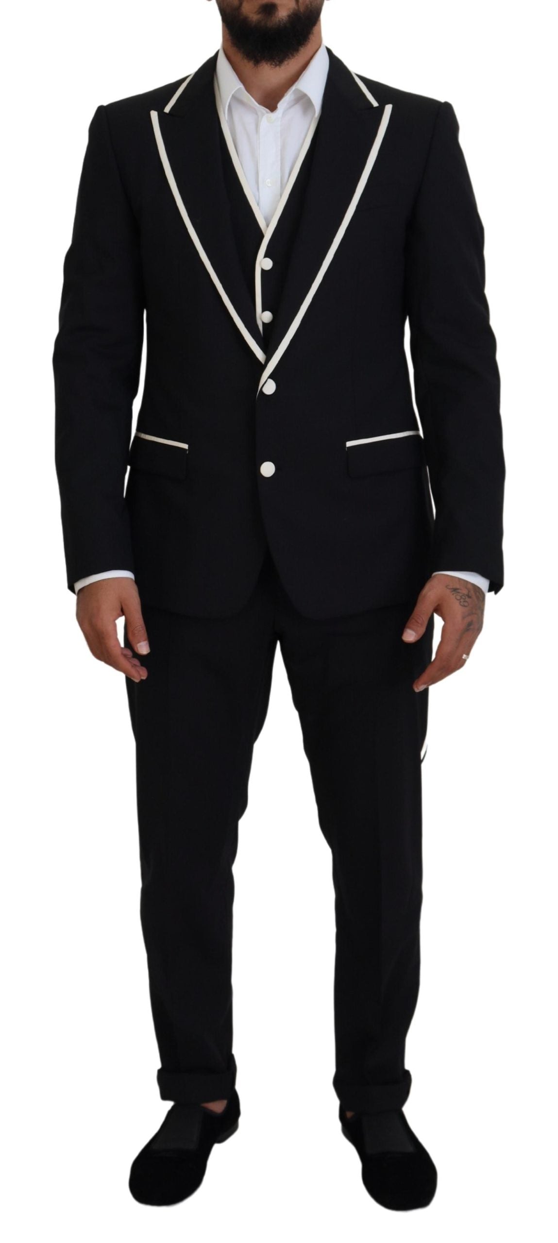 Dolce & Gabbana Black Wool White Silk Slim Fit Suit