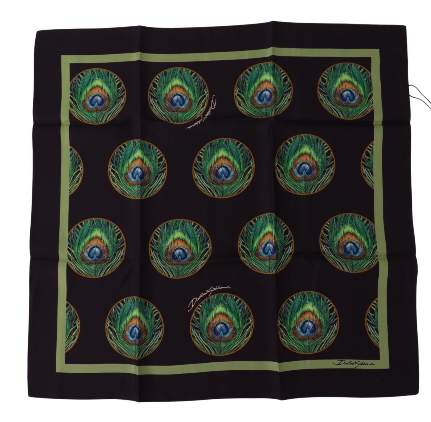 Dolce & Gabbana Black Peacock Feather DG Printed Square Handkerchief Scarf