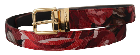 Dolce & Gabbana Red Jacquard Rose Leather Gold Metal Buckle Belt