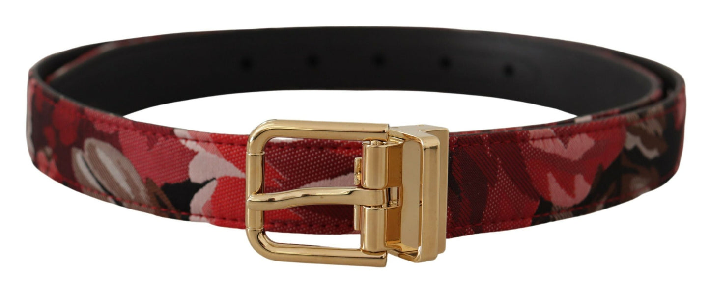 Dolce & Gabbana Red Jacquard Rose Leather Gold Metal Buckle Belt