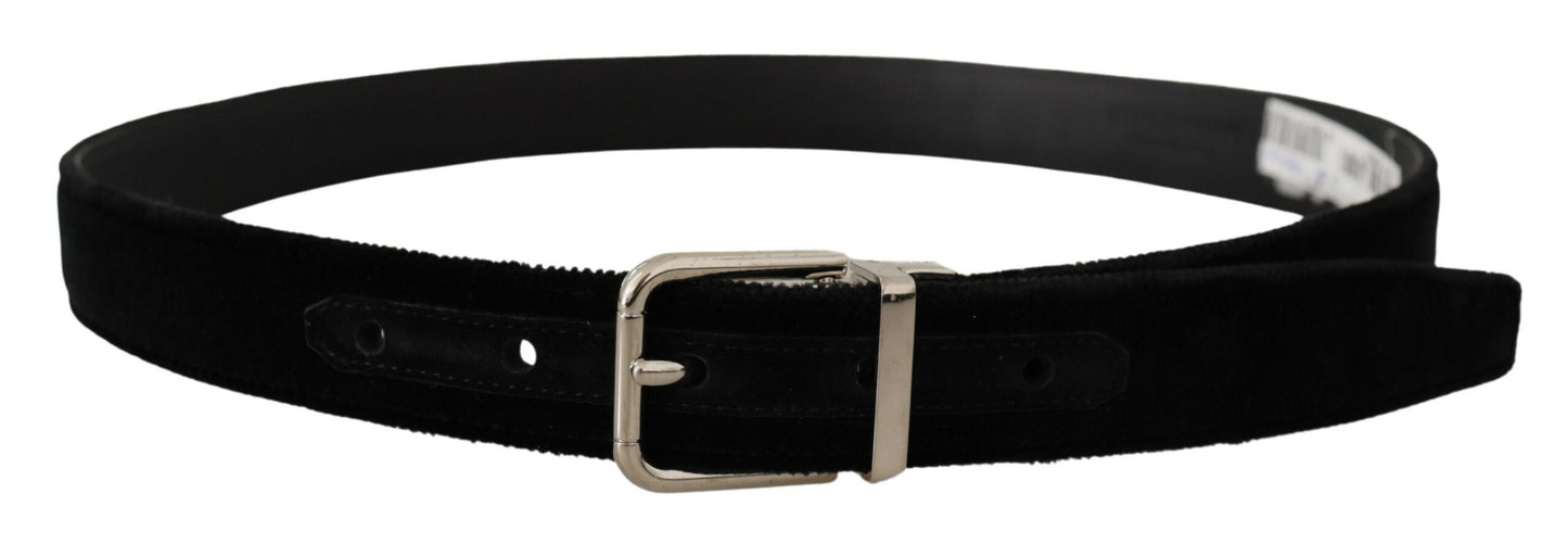 Dolce & Gabbana Black Velvet Silver Tone Metal Logo Buckle Belt