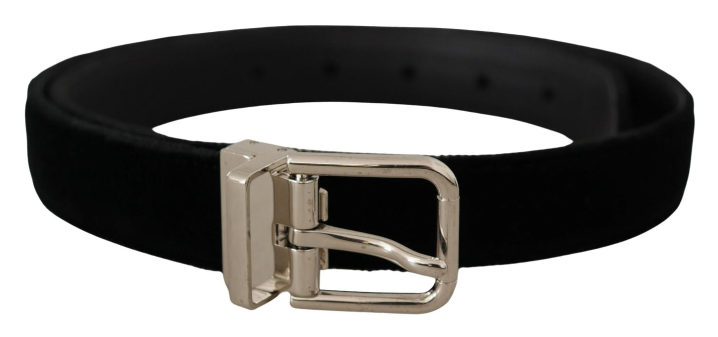 Dolce & Gabbana Black Velvet Silver Tone Metal Logo Buckle Belt