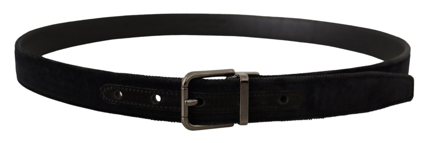 Dolce & Gabbana Black Velvet Silver Tone Logo Metal Buckle Belt