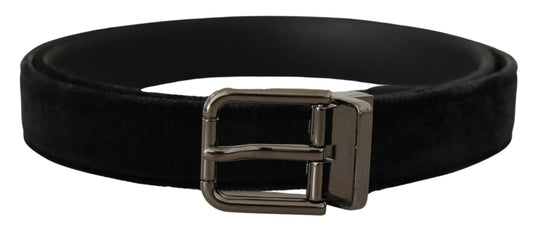 Dolce & Gabbana Black Velvet Silver Tone Logo Metal Buckle Belt